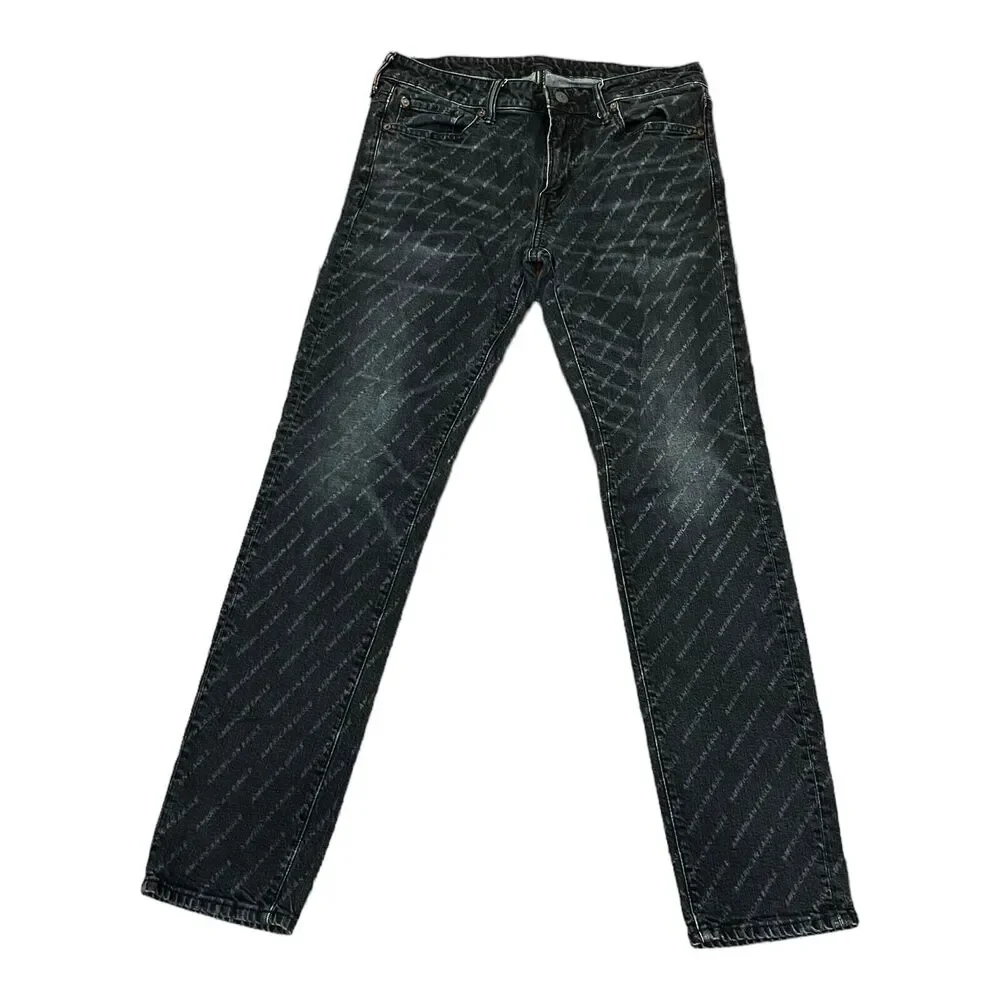 American Eagle Mens 33x32 Skinny Jeans Black Gray Stripe Denim Measured 33x31